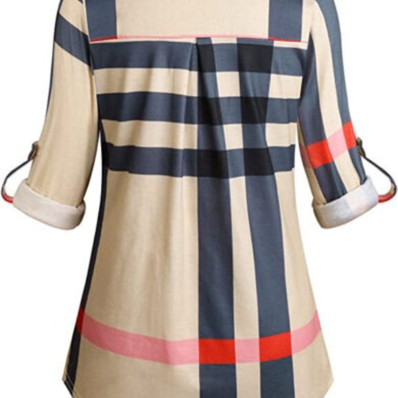 Moyabo Women'S 3/4 Cuffed Sleeve Zipped V Neck Plaid Tunic Shirt/Blouse LARGE - Picture 2 of 7